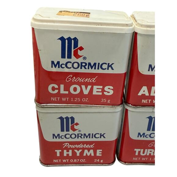 Vintage 1970s McCormick Spice Tins 8 Oregano Turmeric Cloves Allspice Thyme Sage - Picture 2 of 11